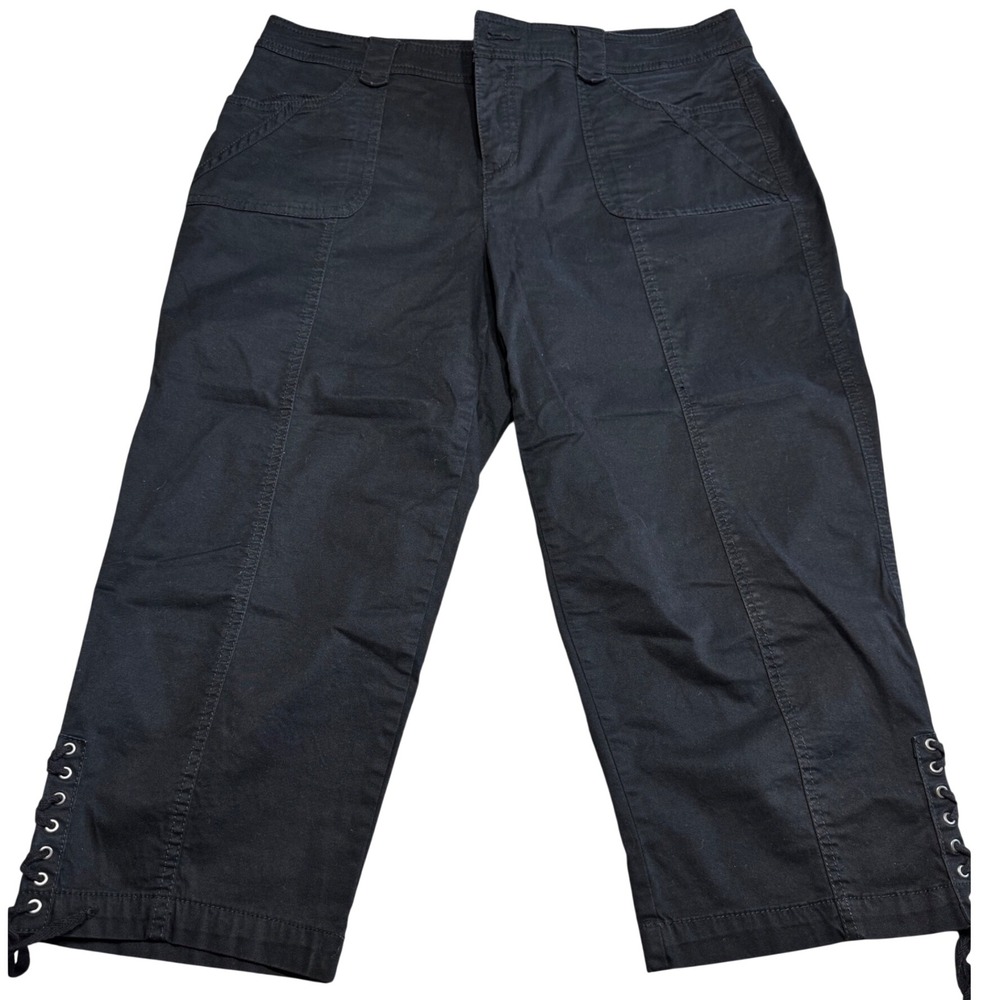 Style & Co Cropped Pants Womens 10 Black Lace Up Hem Grommet Capri Mid Rise